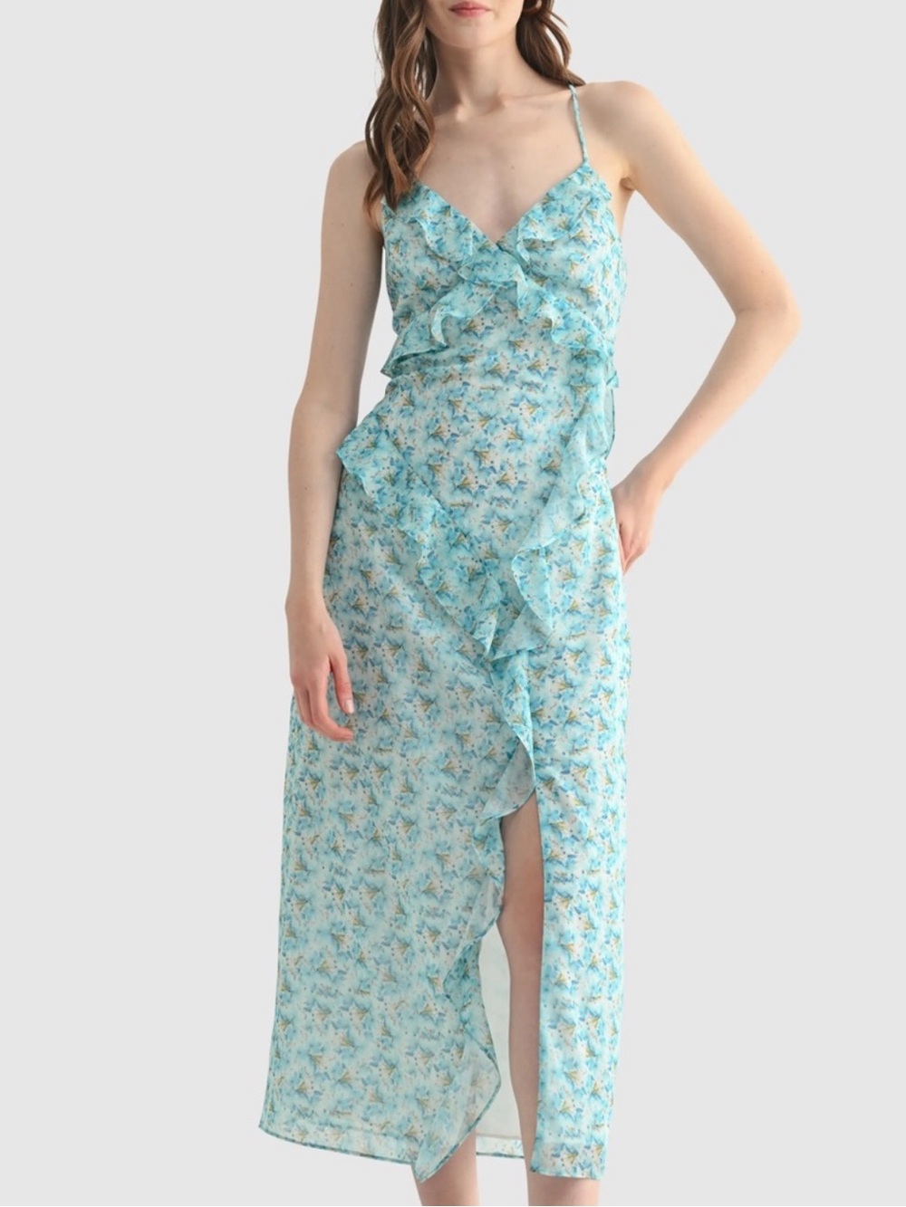NWOT - Lush Light Blue Floral Ruffle Slip Dress - Size XL - PTP 19-21’’